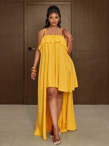 Maweii Vestido de fiesta casual con volantes en el bajo para mujer de talla grande y unicolor - Amarillo - Ver 6
