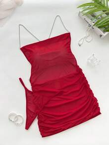 Seduluxe 2pcs/Set Gaun Tidur Bodycon Seksi Tanpa Punggung untuk Wanita - Merah - View 4