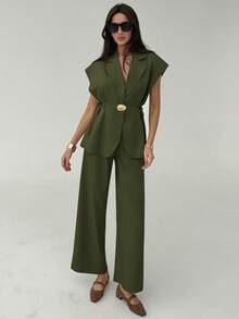 Aloruh Waist Tie Metal Decor Vest & Pants Commuter Suit Set - Army Green - View 6