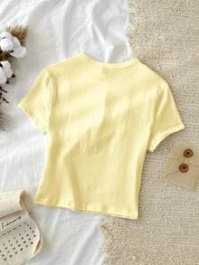 Tseoso 1pc Solid Color Fitted T-Shirt, 95% Cotton, Suitable For Summer,Summer Top - Light Yellow - View 2