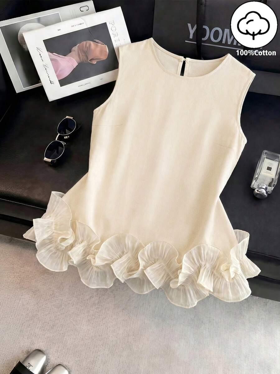 SHEIN Franclia Blusa sin mangas de satén con doble capa y volantes, elegante, adecuada para salidas y citas de primavera/verano - Albaricoque - Ver 1