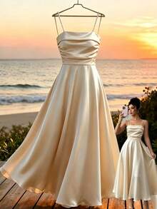 GlowEve Đầm satin đính cườm thanh lịch dành cho nữ, thích hợp cho mùa hè. - Màu be - Xem 1