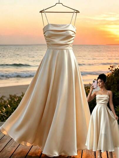 GlowEve Women's Elegant Satin Beaded Strap Dress For Summer Wedding Champagne