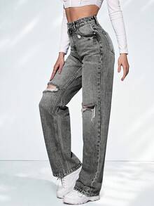 SHEIN ICON Jeans de pierna recta de talle alto desgarro - Gris Claro - Ver 4