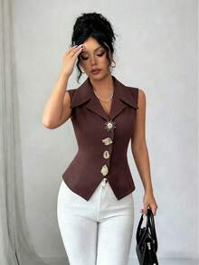 Elenzga Women's Fashionable Elegant Solid Color Sleeveless Blouse - Burgundy - View 5