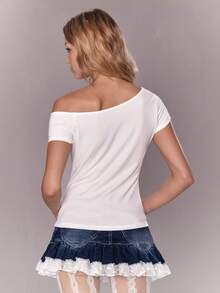 Sweetness Y2K Rockstar Bass Note Graphic Asymmetric Shoulder Women T-Shirt - White - View 8
