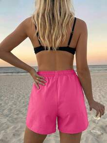 Vaclyn Women Elastic Waist Solid Color Beach Pants, Casual Resort Style For Summer Beach Vacation Pink, Wide Leg - Pink - View 3