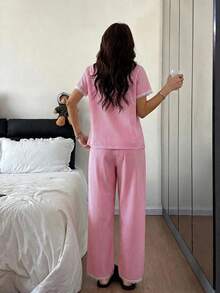 Napfluff Bubble Crinkle Striped Ruffle Front Women Pajama Set - Pink - View 2