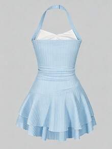 Sparklyn Elegant Yellow Textured Fabric Off-Shoulder Ruched Front Metal Decor Layered Ruffle Hem Playful Mini Dress, Suitable For Beach Vacation For Teen Girls In Spring/Summer - Dusty Blue - View 2