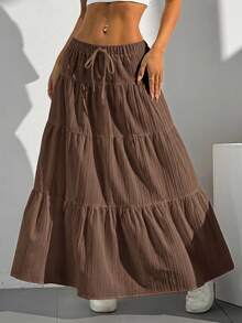 SHEIN EZwear Rok Wanita Ukuran Besar Kasual, Liburan, Sehari-hari, Perjalanan, Warna Polos, Pinggang Bertali, Hem Bertingkat, Musim Semi/Panas/Gugur - Coklat - View 7