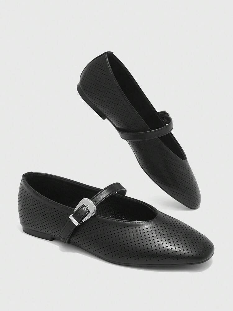 CUCCOO BIZCHIC Women's Flat Bottom Small Square Toe Black Word With Buckle Punching Breathable Comfortable Commuting To Work Shopping Mary Jane Women's Flat Bottom Shoes Women's Shoes