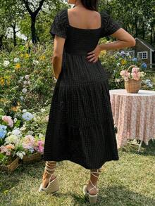Lyckli Maternity Solid Color Square Neck Ruched Casual Minimalist Daily Wear Dress - Black - View 2