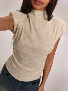 SHEIN BAE Damen Lässig Plissee Boot-Ausschnitt Gepolsterte Schulter Bluse, geeignet für Arbeit, Pendeln, Lässig, Lehrerin, Beige Top, Outdoor-Kleidung - Beige - Übersicht 1