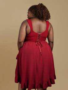 CurvyTilda Plus Size Women's Vintage Burgundy Ruffle Hem Skirt And Burgundy Crop Top 2 Piece Set.Christmas And New Year Outfits, Autumn And Winter Outfits - Burgundy - View 5