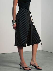 Hauture Women's Casual Office Striped Tailored Wrap Wide Leg Trousers Shorts, Old Money Commuter, Sophisticated Shorts For Work, Brunch, Baby Showers - Black - View 4