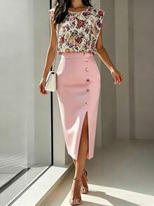 SHEIN Women's Standard Size Floral Print 2-Piece Set, Round Neck T-Shirt Sleeveless Top Side Slit Skirt With Waist Button, Casual Elegant Summer Outfit - Multicolor - View 4
