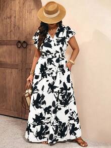 EMERY ROSE Black And White,Summer,Boho,Elegant,Vacation,Holiday Plus Size & Tall Floral Maxi Dress,Shirred Ruffle Short Sleeve Elastic Waist Casual Commute - Multicolor - View 6