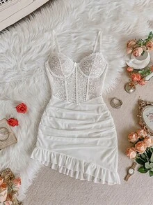 SHEIN MOD 花邊拼接網紗女性性感內衣連身裙2入組（鋼丝內衣＆裙子+G弦） - 白色 - 查看 2