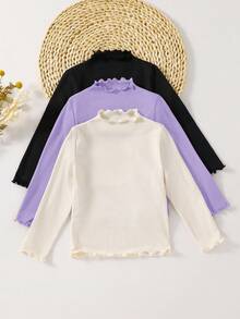 Emery Rose Kids Emery Rose Kids 3件套女童休闲基础款纯色罗纹荷叶边高领针织修身T恤套装，秋冬款 - 彩色 - 查看 3