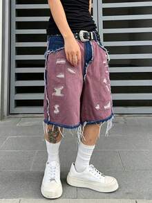 PAVTROS Celana Pendek Bermuda Denim Kasual Longgar Berpotongan Lebar dengan Detail Sobek dan Anyaman untuk Pria, Warna Merah Muda Pucat untuk Liburan Musim Panas - MultiWarna - View 5