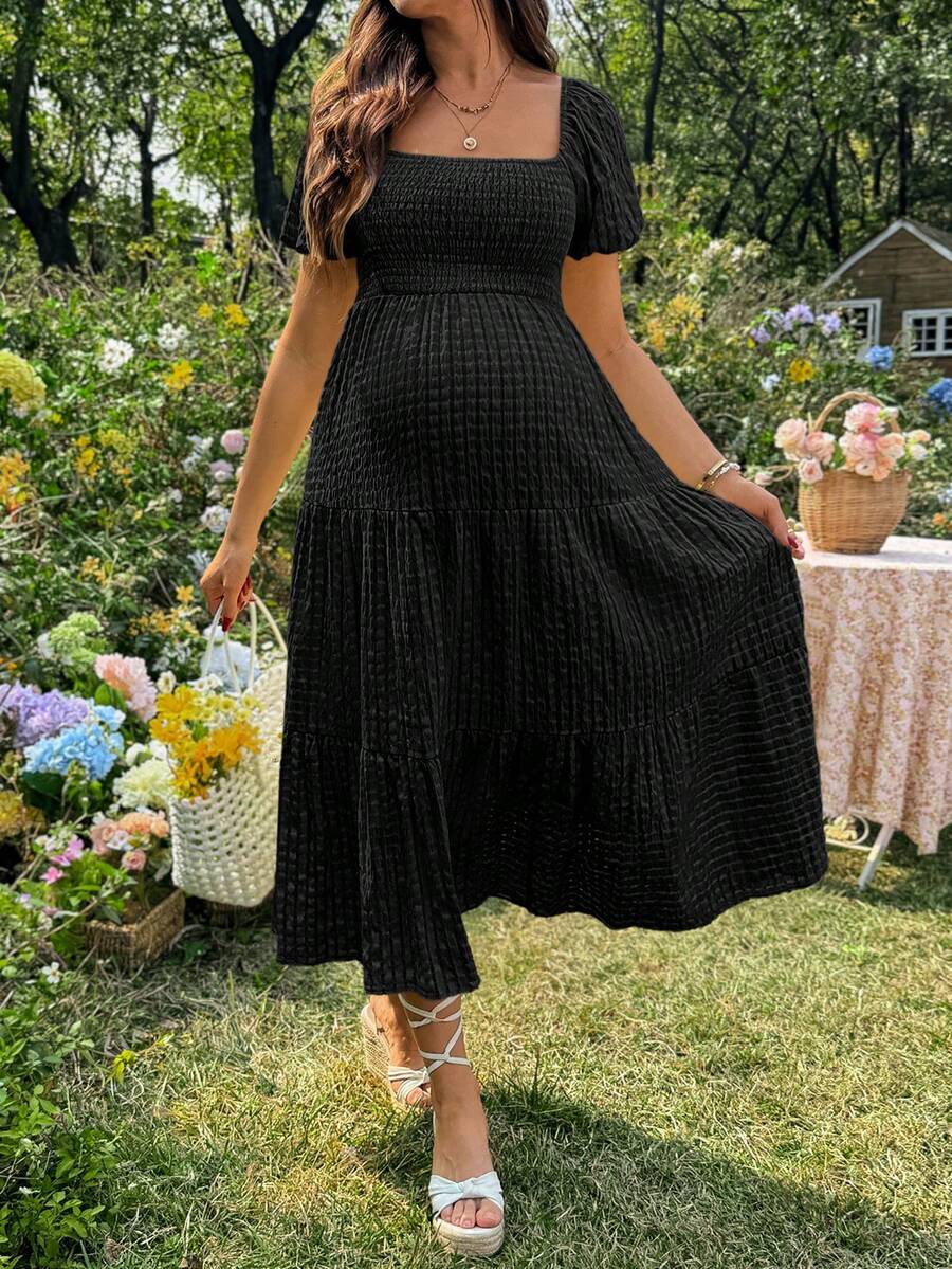 Lyckli Maternity Solid Color Square Neck Ruched Casual Minimalist Daily Wear Dress - Black - View 1
