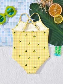 Sunshine Lemon Yellow, Mini Lemon Plaid Pattern, Baby Girls Casual Minimalist Spaghetti Strap Fitted One-Piece Swimsuit, Suitable For Summer - Multicolor - View 2