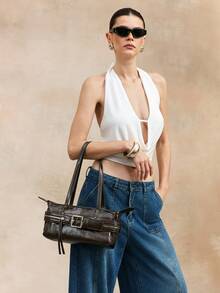 Viva Strut Women Dark Brown Solid Multi Zipper & Metal Buckle Large Capacity Minimalist Functional PU Leather Tote Bag - Coffee - View 5
