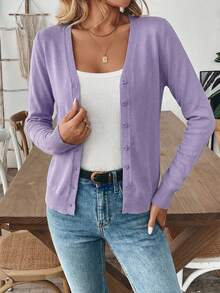 Women's Solid Color Front Button Elegant Fitted Long Sleeve Cardigan - Lilac Purple - View 4
