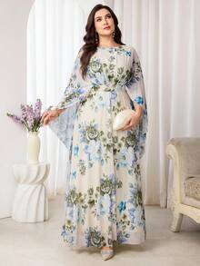 Modelyn 大尺碼女款花卉圖案披肩袖優雅洋裝 - 彩色 - 查看 8