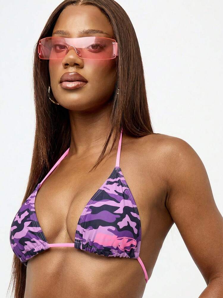 SUMWON WOMEN Camo Triangle Halter Bikini Set With Pink Tie Side Straps And Ruched Bottom For Summer Beach