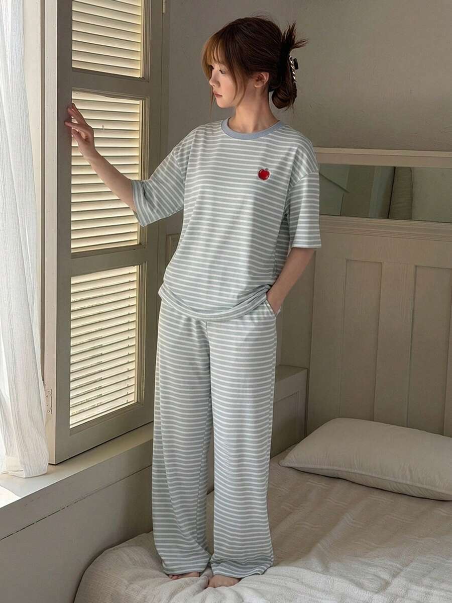 DAZY 少女条纹圆领苹果印花短袖上衣和阔腿裤休闲家居服套装(夏季款) - 藍色 - 查看 1
