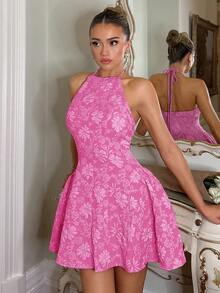 Glamine Charm French Elegant Minimalist Pink Floral Woven Sleeveless Dress With Ruched Sides, Suitable For Banquets And Tea Parties Tea Party Summer - Hot Pink - View 4