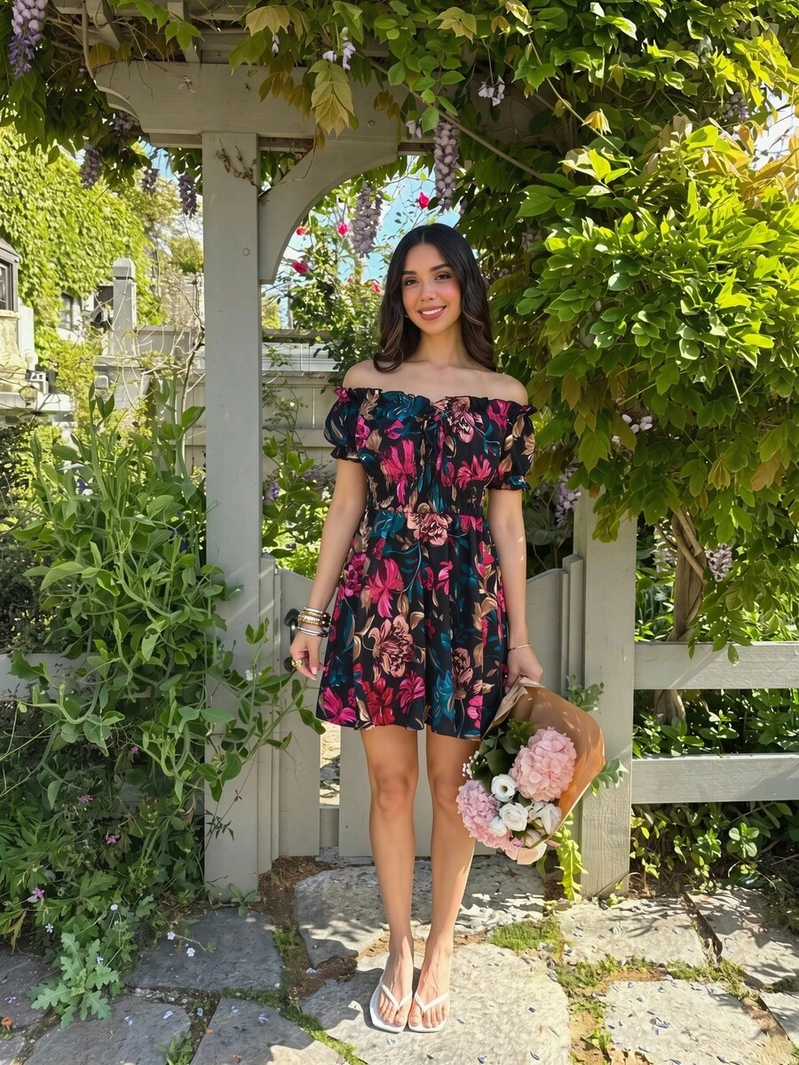 KARISMINA Women's Floral Print Tie-Front Vacation Dress - Black - View 1