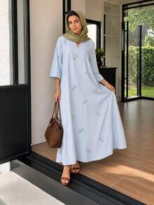 Solavon Vacation Embroidered Collar Metal Button Decor Women's Dress Garden Party Light Blue Autumn French Style - Blue - View 3