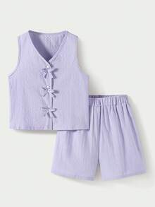Casuvi Kids 2件套女童无袖条纹编织背心，蝴蝶结装饰，松紧腰宽松休闲短裤，夏季 - 淡紫色 - 查看 8