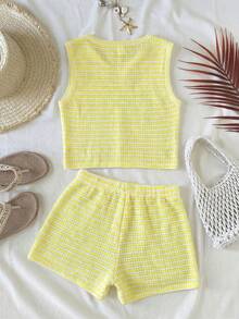 SHEIN Bộ đồ hai mảnh cho bé gái tuổi teen: áo croptop không tay và quần short rộng, kẻ sọc nâu trắng, thích hợp cho kỳ nghỉ xuân/hè. - Màu vàng - Xem 2