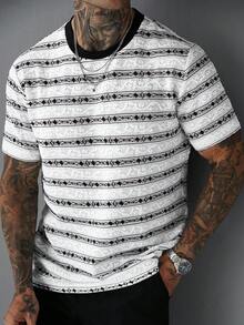 SLATEMANN Men's Embroidered Crew Neck Short Sleeve Fashionable Versatile T-Shirt, Casual Wear, Holiday - Apricot - View 1