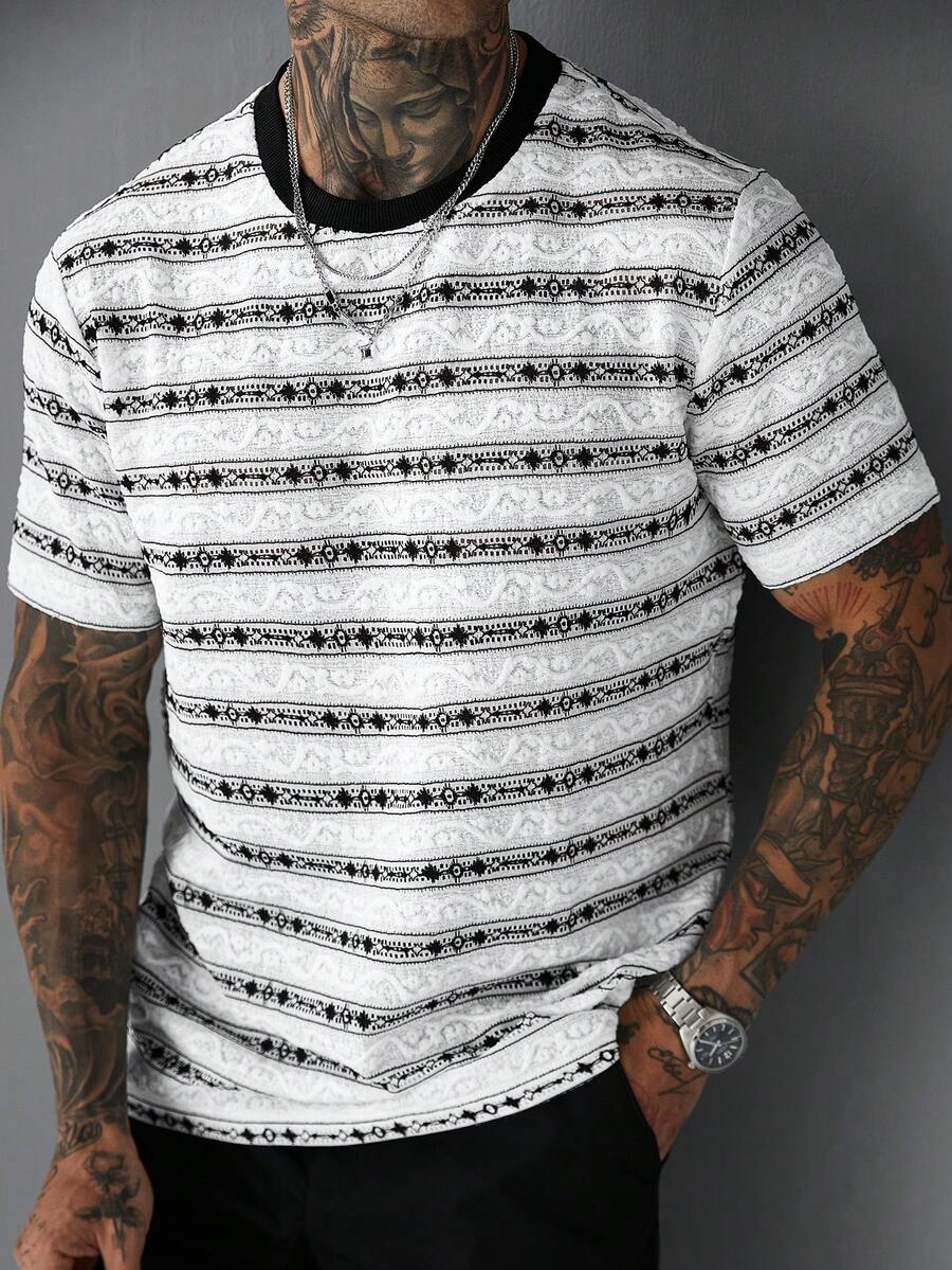 SLATEMANN Men's Embroidered Crew Neck Short Sleeve Fashionable Versatile T-Shirt, Casual Wear, Holiday - Apricot - View 1