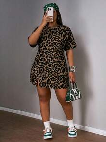 Slaydiva Plus Size Leopard Print Round Neck Short Sleeve Summer Dress, Suitable For Party - Multicolor - View 1