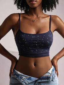 Livesso Summer Sexy Ditsy Floral Camisole Top With Built-In Padded Bra For Women - Navy Blue - View 7
