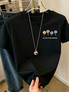 SHEIN 花卉刺繡短袖T恤，夏季上衣，清新女款上衣，美學T恤，手工刺繡愛好者禮物 - 黑色 - 查看 4