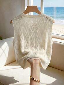 SHEIN Holidaya Women's Ivory Openwork Knit Vest,V-Neck Sleeveless Leaf Pattern Knit Summer Tops,Button Front Closure Ribbed Hem Trim,Granny,Mother Of Bride Style - Apricot - View 2