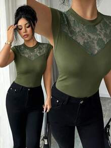 Elenzga Women's Fashion Round Neck Elegant Lace Patchwork Bodycon Camisole, Suitable For Daily Wear, Autumn/Winter & Spring/Summer - Army Green - View 5