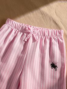 SHEIN Elladie kids 2件組少女基本休閒純色套裝，馬匹印花，不對稱下擺，側面抓皺設計，圓領短袖T恤，搭配黃色條紋紋理布料直筒長褲套裝，適合日常/戶外場合，春季/夏季/四季皆宜，少女套裝，兒童日常舒適夏季穿搭，女孩服飾 - 彩色 - 查看 4