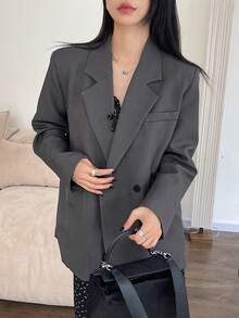 DAZY Women's Loose Solid Color Business Casual Jacket Women Blazers,Fall Clothes - Dark Grey - View 4