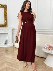 SHEIN Maternity Solid Color Minimalist Sleeveless Dress, Casual Everyday Wear - Burgundy - View 2