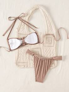 Swim Mod Retro-Bikini-Set im 70er-Jahre-Stil, braun kariert, rosafarbener Neckholder-Badeanzug aus Bubble-Stoff, perfekt für Sommerurlaub, Poolpartys und Vintage-Strandurlaub. - Verschiedenfarbig - Übersicht 4