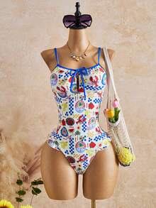 Swim Mod Fato de banho feminino sem mangas, casual, ajustado, de peça única, com laço à frente, verão - Multicolorido - Ver 5
