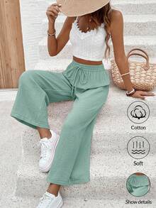 SHEIN PETITE CURVE 大码女式纯色抽绳腰休闲百搭日常裤 - 橄欖綠 - 查看 8
