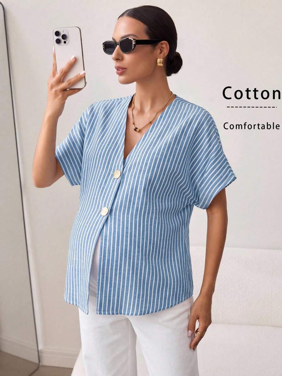 MaterniWear 孕婦V領條紋印花鈕扣前襟休閒短袖襯衫 - 淺藍色 - 查看 1
